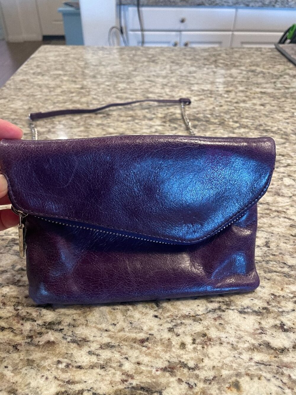 HOBO Wink Leather Flap Crossbody bag, purse - Purple w/chain Lighly Used Leather